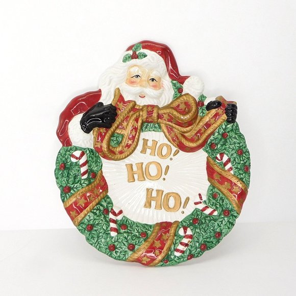 Santa Clause Ho Ho Ho Wreath Plate Candy Dish  Fitz And Floyd Essentials 8" - Picture 1 of 6